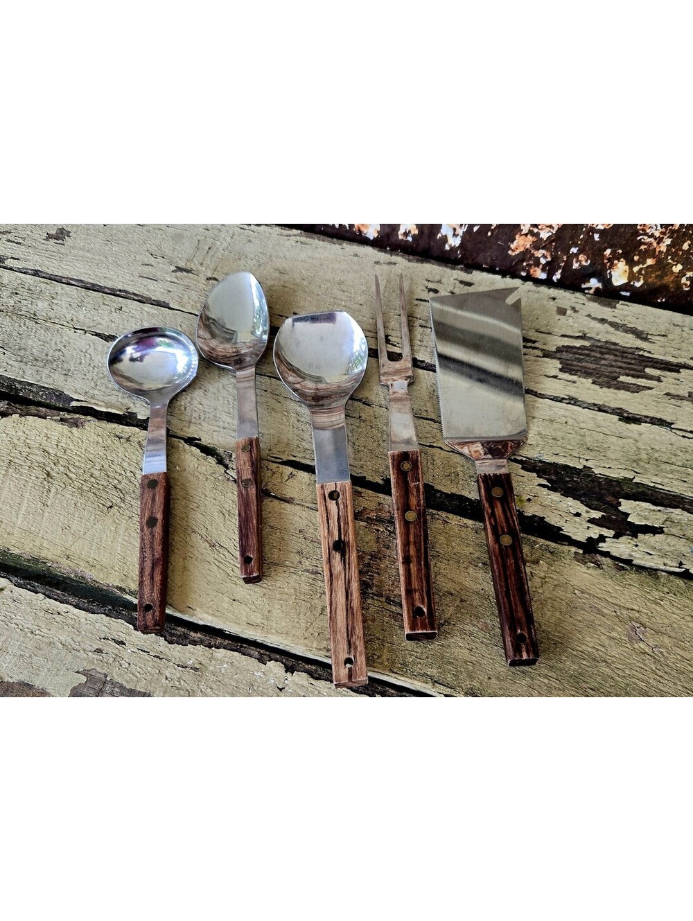 Vintage Vernco Mid Century Modern 5 pc Serving Set Stainless Japan Wood Handle
